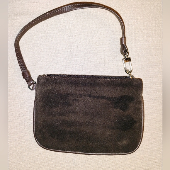 EXPRESS BROWN GENUINE SUEDE MINI ZIP POUCH BAG WRISTLET - Picture 1 of 5